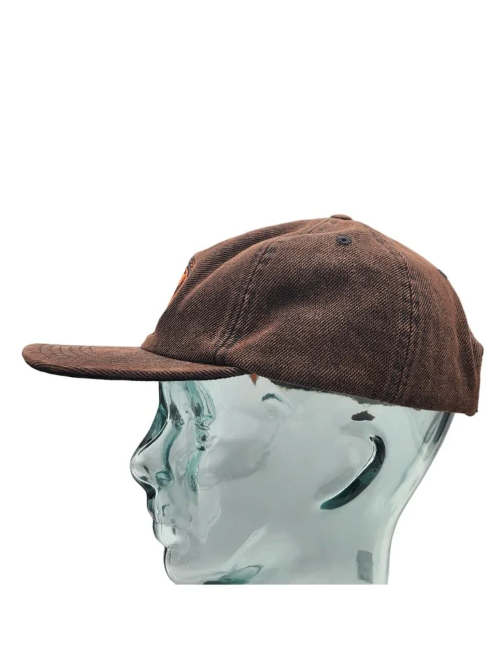 Vans Brown Denim Snapback Hat With Embroidered Orange Logo